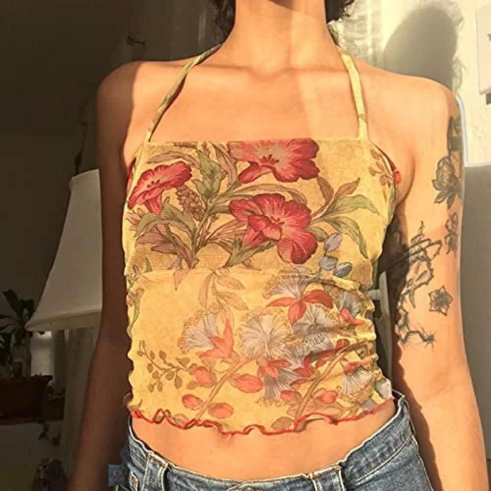 Harajuku Printed Y2K Tank Tops Floral Butterfly Pattern Sleeveless Crop Top